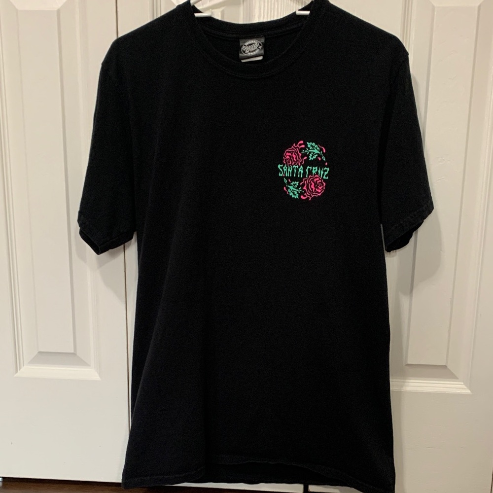 Santa Cruz Skateboards Black Adult Medium tee with Pink & Green Rose Logo